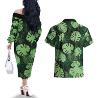 Green Hawaii Kukui Nut Lei Couples Matching Off The Shoulder Long Sleeve Dress and Hawaiian Shirt Hawaiian Pattern Monstera Tropical Vibes - Polynesian Pride