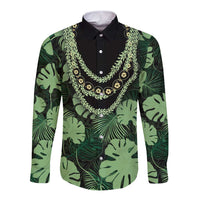 Green Hawaii Kukui Nut Lei Long Sleeve Button Shirt Hawaiian Pattern Monstera Tropical Vibes - Polynesian Pride
