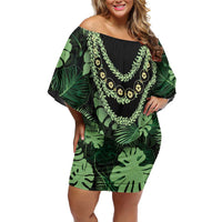 Green Hawaii Kukui Nut Lei Off Shoulder Short Dress Hawaiian Pattern Monstera Tropical Vibes - Polynesian Pride
