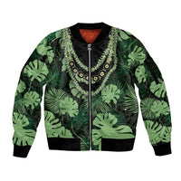Green Hawaii Kukui Nut Lei Sleeve Zip Bomber Jacket Hawaiian Pattern Monstera Tropical Vibes - Polynesian Pride