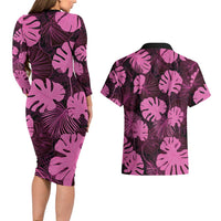 Pink Hawaii Kukui Nut Lei Couples Matching Long Sleeve Bodycon Dress and Hawaiian Shirt Hawaiian Pattern Monstera Tropical Vibes - Polynesian Pride