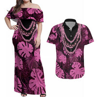 Pink Hawaii Kukui Nut Lei Couples Matching Off Shoulder Maxi Dress and Hawaiian Shirt Hawaiian Pattern Monstera Tropical Vibes - Polynesian Pride