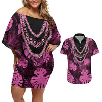 Pink Hawaii Kukui Nut Lei Couples Matching Off Shoulder Short Dress and Hawaiian Shirt Hawaiian Pattern Monstera Tropical Vibes - Polynesian Pride