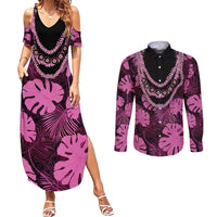 Pink Hawaii Kukui Nut Lei Couples Matching Summer Maxi Dress and Long Sleeve Button Shirt Hawaiian Pattern Monstera Tropical Vibes - Polynesian Pride