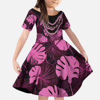 Pink Hawaii Kukui Nut Lei Family Matching Off The Shoulder Long Sleeve Dress and Hawaiian Shirt Hawaiian Pattern Monstera Tropical Vibes LT14 Daughter's Dress Pink - Polynesian Pride