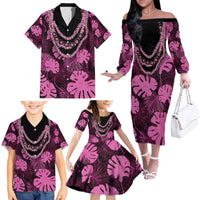 Pink Hawaii Kukui Nut Lei Family Matching Off The Shoulder Long Sleeve Dress and Hawaiian Shirt Hawaiian Pattern Monstera Tropical Vibes - Polynesian Pride