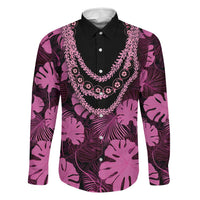 Pink Hawaii Kukui Nut Lei Family Matching Off The Shoulder Long Sleeve Dress and Hawaiian Shirt Hawaiian Pattern Monstera Tropical Vibes LT14 Dad's Shirt - Long Sleeve Pink - Polynesian Pride
