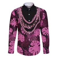 Pink Hawaii Kukui Nut Lei Family Matching Off Shoulder Short Dress and Hawaiian Shirt Hawaiian Pattern Monstera Tropical Vibes LT14 Dad's Shirt - Long Sleeve Pink - Polynesian Pride