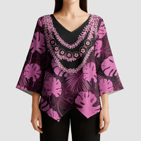 Pink Hawaii Kukui Nut Lei Kimono Sleeve Blouse Hawaiian Pattern Monstera Tropical Vibes - Polynesian Pride