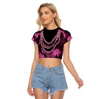 Pink Hawaii Kukui Nut Lei Raglan Cropped T Shirt Hawaiian Pattern Monstera Tropical Vibes - Polynesian Pride