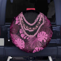 Pink Hawaii Kukui Nut Lei Spare Tire Cover Hawaiian Pattern Monstera Tropical Vibes - Polynesian Pride