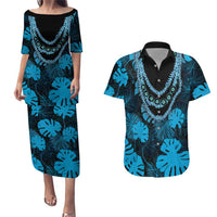 Blue Hawaii Kukui Nut Lei Couples Matching Puletasi and Hawaiian Shirt Hawaiian Pattern Monstera Tropical Vibes - Polynesian Pride