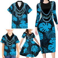 Blue Hawaii Kukui Nut Lei Family Matching Long Sleeve Bodycon Dress and Hawaiian Shirt Hawaiian Pattern Monstera Tropical Vibes LT14 - Polynesian Pride