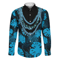Blue Hawaii Kukui Nut Lei Family Matching Off Shoulder Short Dress and Hawaiian Shirt Hawaiian Pattern Monstera Tropical Vibes LT14 Dad's Shirt - Long Sleeve Blue - Polynesian Pride