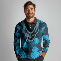 Blue Hawaii Kukui Nut Lei Long Sleeve Polo Shirt Hawaiian Pattern Monstera Tropical Vibes - Polynesian Pride