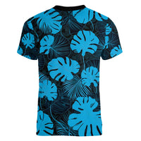 Blue Hawaii Kukui Nut Lei Women V-Neck T-Shirt Hawaiian Pattern Monstera Tropical Vibes - Polynesian Pride