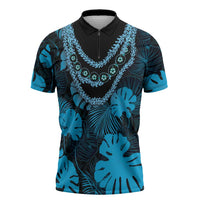 Blue Hawaii Kukui Nut Lei Zipper Polo Shirt Hawaiian Pattern Monstera Tropical Vibes - Polynesian Pride