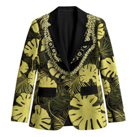 Yellow Hawaii Kukui Nut Lei Blazer Hawaiian Pattern Monstera Tropical Vibes - Polynesian Pride