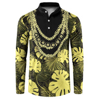 Yellow Hawaii Kukui Nut Lei Button Sweatshirt Hawaiian Pattern Monstera Tropical Vibes - Polynesian Pride