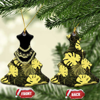 Yellow Hawaii Kukui Nut Lei Ceramic Ornament Hawaiian Pattern Monstera Tropical Vibes - Polynesian Pride