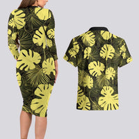 Yellow Hawaii Kukui Nut Lei Couples Matching Long Sleeve Bodycon Dress and Hawaiian Shirt Hawaiian Pattern Monstera Tropical Vibes - Polynesian Pride