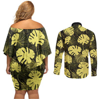 Yellow Hawaii Kukui Nut Lei Couples Matching Off Shoulder Short Dress and Long Sleeve Button Shirt Hawaiian Pattern Monstera Tropical Vibes - Polynesian Pride
