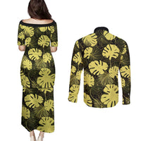 Yellow Hawaii Kukui Nut Lei Couples Matching Puletasi and Long Sleeve Button Shirt Hawaiian Pattern Monstera Tropical Vibes - Polynesian Pride