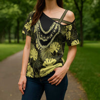 Yellow Hawaii Kukui Nut Lei Cross Shoulder Shirt Hawaiian Pattern Monstera Tropical Vibes - Polynesian Pride