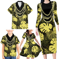 Yellow Hawaii Kukui Nut Lei Family Matching Long Sleeve Bodycon Dress and Hawaiian Shirt Hawaiian Pattern Monstera Tropical Vibes LT14 - Polynesian Pride