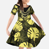 Yellow Hawaii Kukui Nut Lei Family Matching Off The Shoulder Long Sleeve Dress and Hawaiian Shirt Hawaiian Pattern Monstera Tropical Vibes LT14 Daughter's Dress Yellow - Polynesian Pride