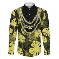 Yellow Hawaii Kukui Nut Lei Family Matching Off The Shoulder Long Sleeve Dress and Hawaiian Shirt Hawaiian Pattern Monstera Tropical Vibes LT14 Dad's Shirt - Long Sleeve Yellow - Polynesian Pride