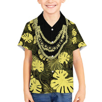 Yellow Hawaii Kukui Nut Lei Family Matching Off The Shoulder Long Sleeve Dress and Hawaiian Shirt Hawaiian Pattern Monstera Tropical Vibes - Polynesian Pride