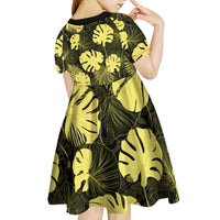 Yellow Hawaii Kukui Nut Lei Kid Short Sleeve Dress Hawaiian Pattern Monstera Tropical Vibes - Polynesian Pride
