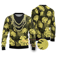 Yellow Hawaii Kukui Nut Lei Ugly Christmas Sweater Hawaiian Pattern Monstera Tropical Vibes - Polynesian Pride