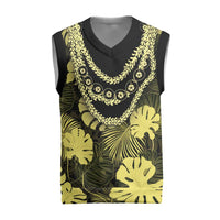 Yellow Hawaii Kukui Nut Lei Christmas Knitted V-Neck Vest Hawaiian Pattern Monstera Tropical Vibes - Polynesian Pride