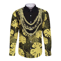 Yellow Hawaii Kukui Nut Lei Long Sleeve Button Shirt Hawaiian Pattern Monstera Tropical Vibes - Polynesian Pride