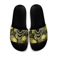Yellow Hawaii Kukui Nut Lei Slide Sandals Hawaiian Pattern Monstera Tropical Vibes - Polynesian Pride