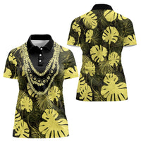 Yellow Hawaii Kukui Nut Lei Women Polo Shirt Hawaiian Pattern Monstera Tropical Vibes - Polynesian Pride