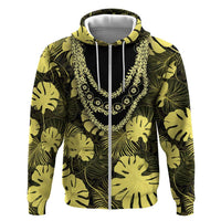 Yellow Hawaii Kukui Nut Lei Zip Hoodie Hawaiian Pattern Monstera Tropical Vibes - Polynesian Pride
