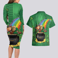 Hawaii Saint Patrick's Day Couples Matching Long Sleeve Bodycon Dress and Hawaiian Shirt Funny Leprechaun With Pot Of Gold - Polynesian Tattoo
