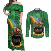 Hawaii Saint Patrick's Day Couples Matching Off Shoulder Maxi Dress and Long Sleeve Button Shirt Funny Leprechaun With Pot Of Gold - Polynesian Tattoo LT14 Green - Polynesian Pride