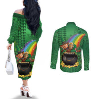 Hawaii Saint Patrick's Day Couples Matching Off The Shoulder Long Sleeve Dress and Long Sleeve Button Shirt Funny Leprechaun With Pot Of Gold - Polynesian Tattoo LT14 - Polynesian Pride