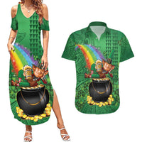 Hawaii Saint Patrick's Day Couples Matching Summer Maxi Dress and Hawaiian Shirt Funny Leprechaun With Pot Of Gold - Polynesian Tattoo LT14 Green - Polynesian Pride