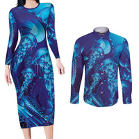 Purple Paradise Polynesia Jellyfish Couples Matching Long Sleeve Bodycon Dress and Long Sleeve Button Shirt Plumeria Polynesian Tattoo Glowing Vibes LT14 Purple - Polynesian Pride