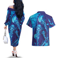 Purple Paradise Polynesia Jellyfish Couples Matching Off The Shoulder Long Sleeve Dress and Hawaiian Shirt Plumeria Polynesian Tattoo Glowing Vibes LT14 - Polynesian Pride