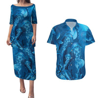 Blue Gradient Polynesia Jellyfish Couples Matching Puletasi and Hawaiian Shirt Plumeria Polynesian Tattoo Glowing Vibes
