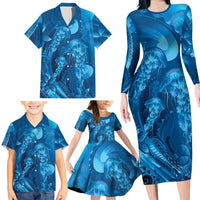 Blue Gradient Polynesia Jellyfish Family Matching Long Sleeve Bodycon Dress and Hawaiian Shirt Plumeria Polynesian Tattoo Glowing Vibes LT14 - Polynesian Pride