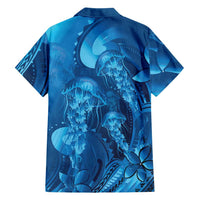 Blue Gradient Polynesia Jellyfish Family Matching Off The Shoulder Long Sleeve Dress and Hawaiian Shirt Plumeria Polynesian Tattoo Glowing Vibes LT14 - Polynesian Pride