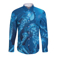 Blue Gradient Polynesia Jellyfish Long Sleeve Button Shirt Plumeria Polynesian Tattoo Glowing Vibes