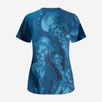 Blue Gradient Polynesia Jellyfish Scrub Top Plumeria Polynesian Tattoo Glowing Vibes